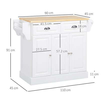 Nirael Wooden White Rolling Kitchen Island With Rubberwood Top Drawer And Storage