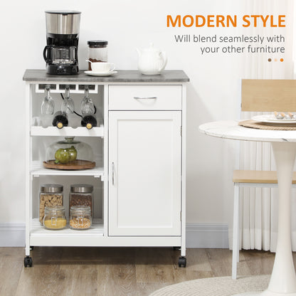 Sohavi Wooden White Compact Kitchen Trolley With Wine Rack Drawer And Open Shelving
