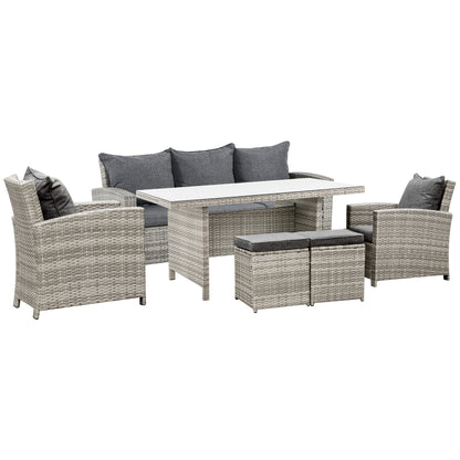 Vire Light Grey Rattan 7 Seater Outdoor Dining Set With Armchairs Footstools Glass Table And Cushions