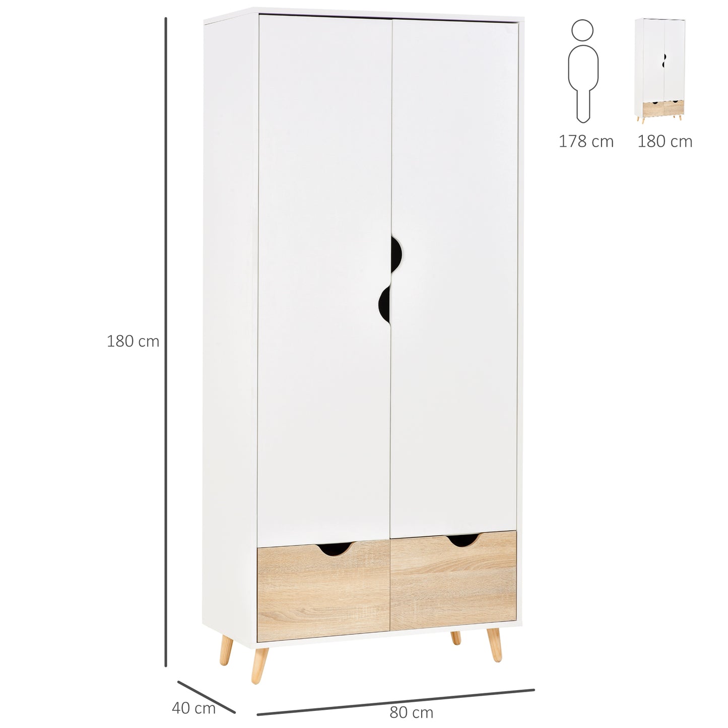 Belamar White and Natural 2 Door Wardrobe With Hanging Rail 2 Drawers And Wooden Legs