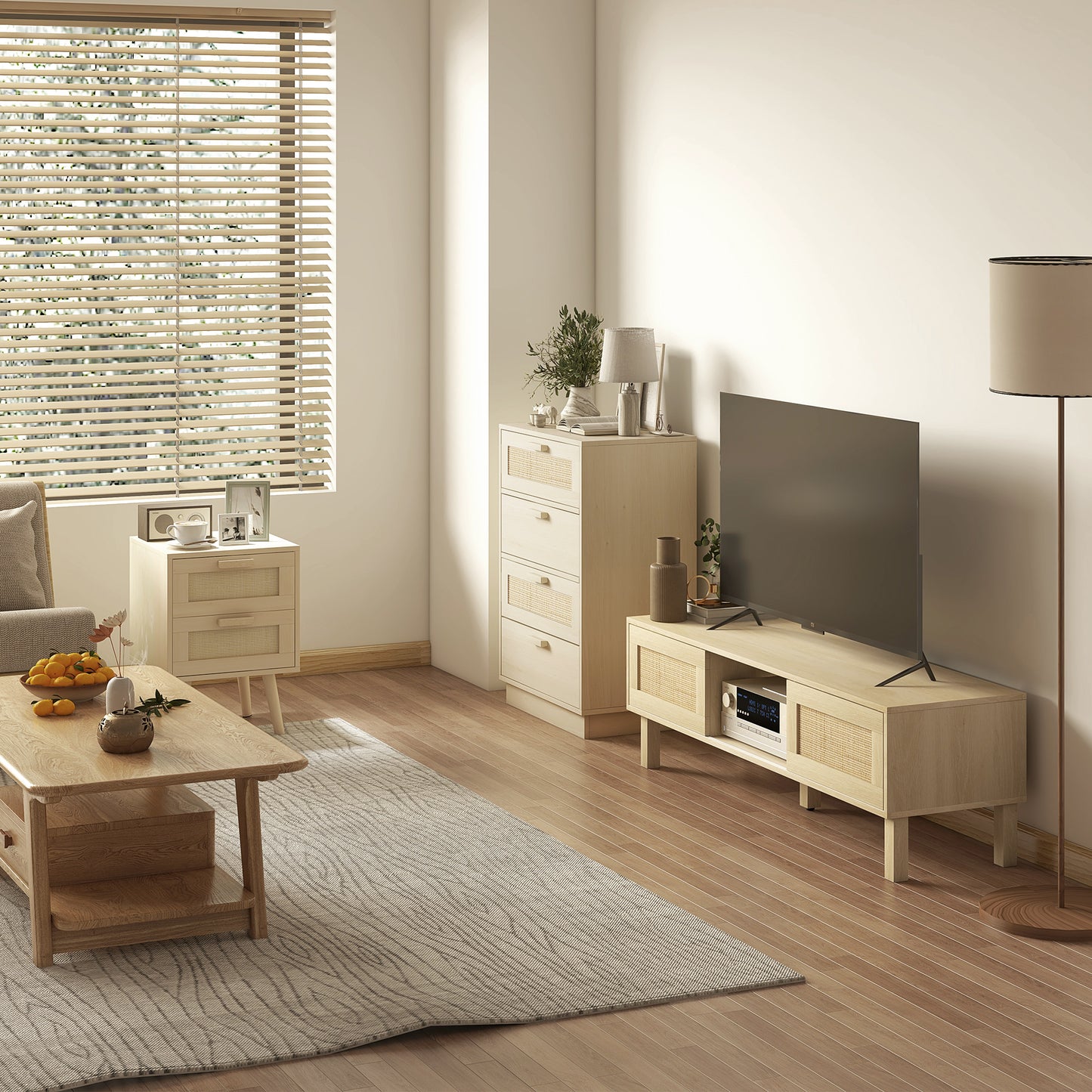 Reredito Wooden Wood Effect 4 Drawer Chest With Rattan Panels