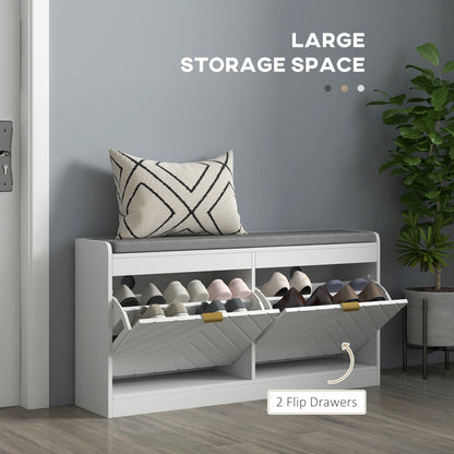 Kera Wooden White Upholstered Shoe Bench With 2 Flip Drawers and Grey Padded Seat