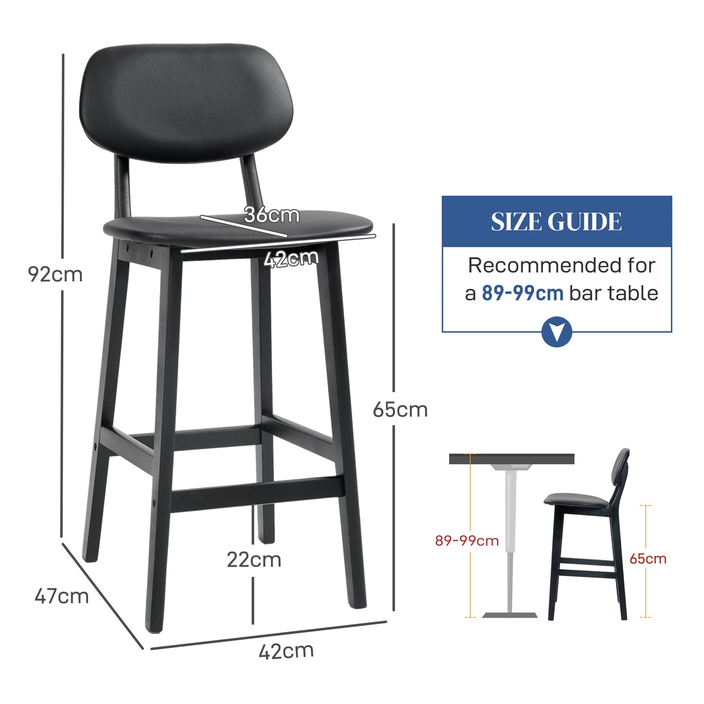 Resono Solid Wood Black Classic Bar Stools Set Of 2 With Faux Leather Seats
