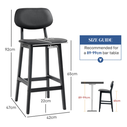 Resono Solid Wood Black Classic Bar Stools Set Of 2 With Faux Leather Seats