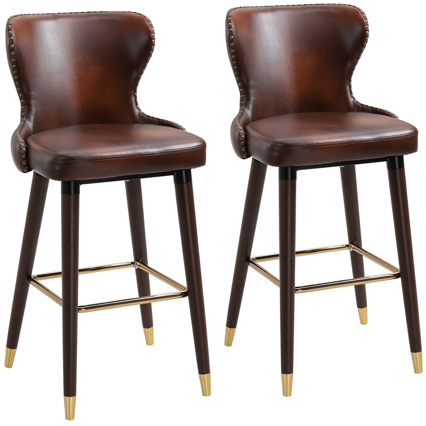 Halotti Faux Leather Brown Bar Stools Set Of 2 With Back Support And Wooden Legs