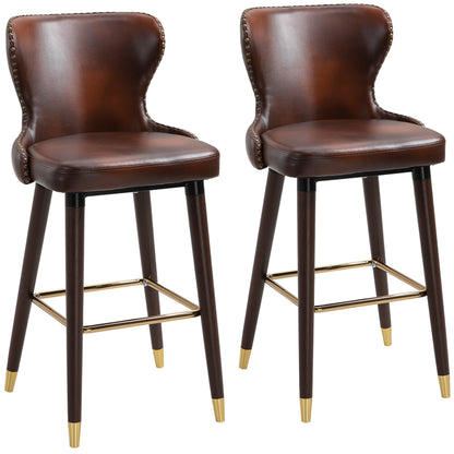 Halotti Faux Leather Brown Bar Stools Set Of 2 With Back Support And Wooden Legs