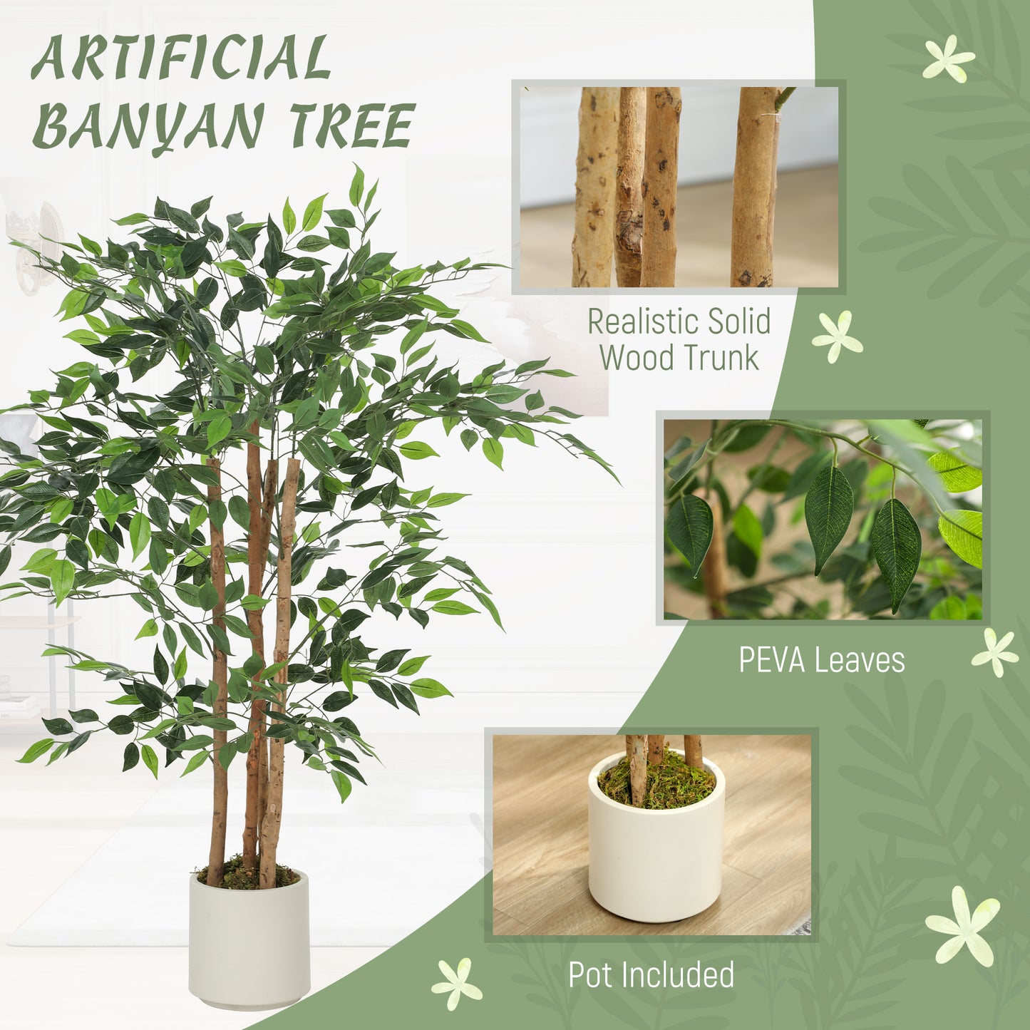 Rokalo Artificial Ficus Style Tree With Solid Trunk Detail In Pot 120cm Green