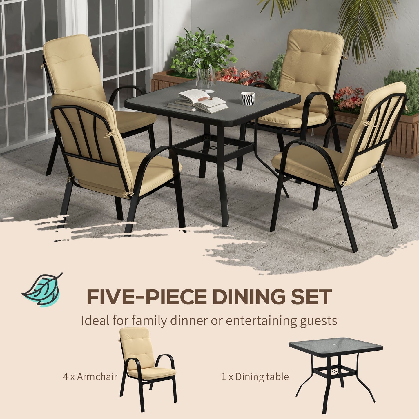 Sukeco Luve 4 Seater Cream Outdoor Square Garden Dining Set with Tempered Glass with Umbrella Hole