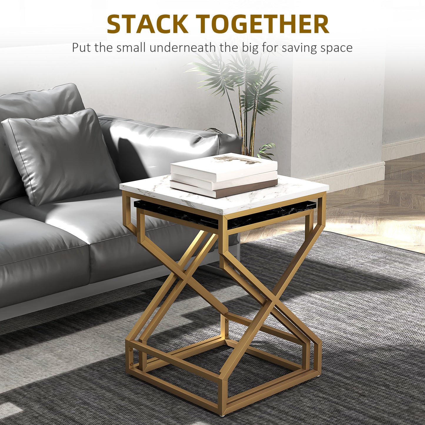 Revi Set Of 2 Marble Effect Nesting Side Tables Gold Metal Legs