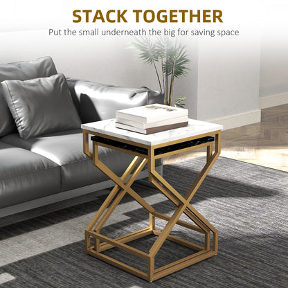 Revi Set Of 2 Marble Effect Nesting Side Tables Gold Metal Legs
