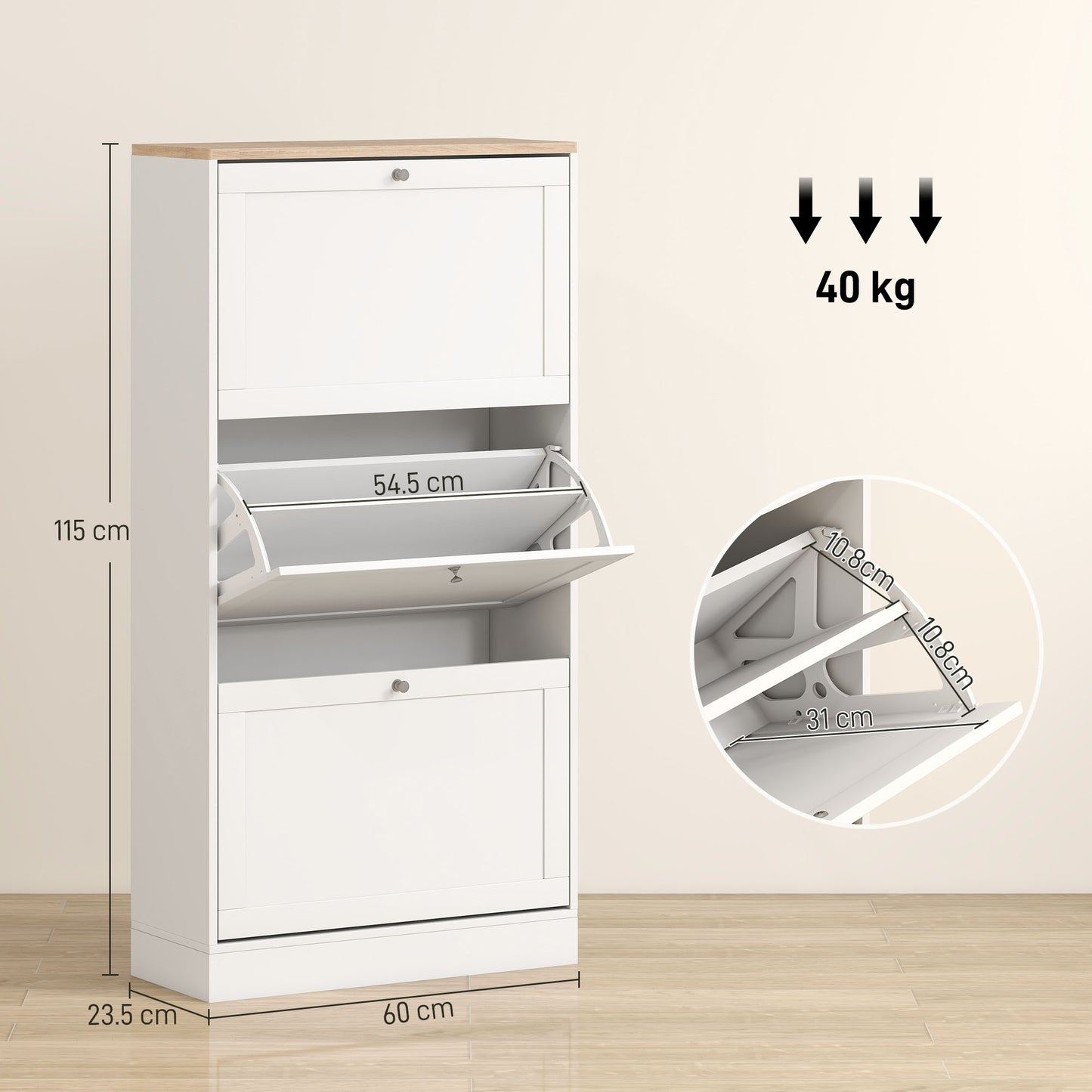 Lone Wooden White and Natural Compact 3 Drawer Shoe Cabinet