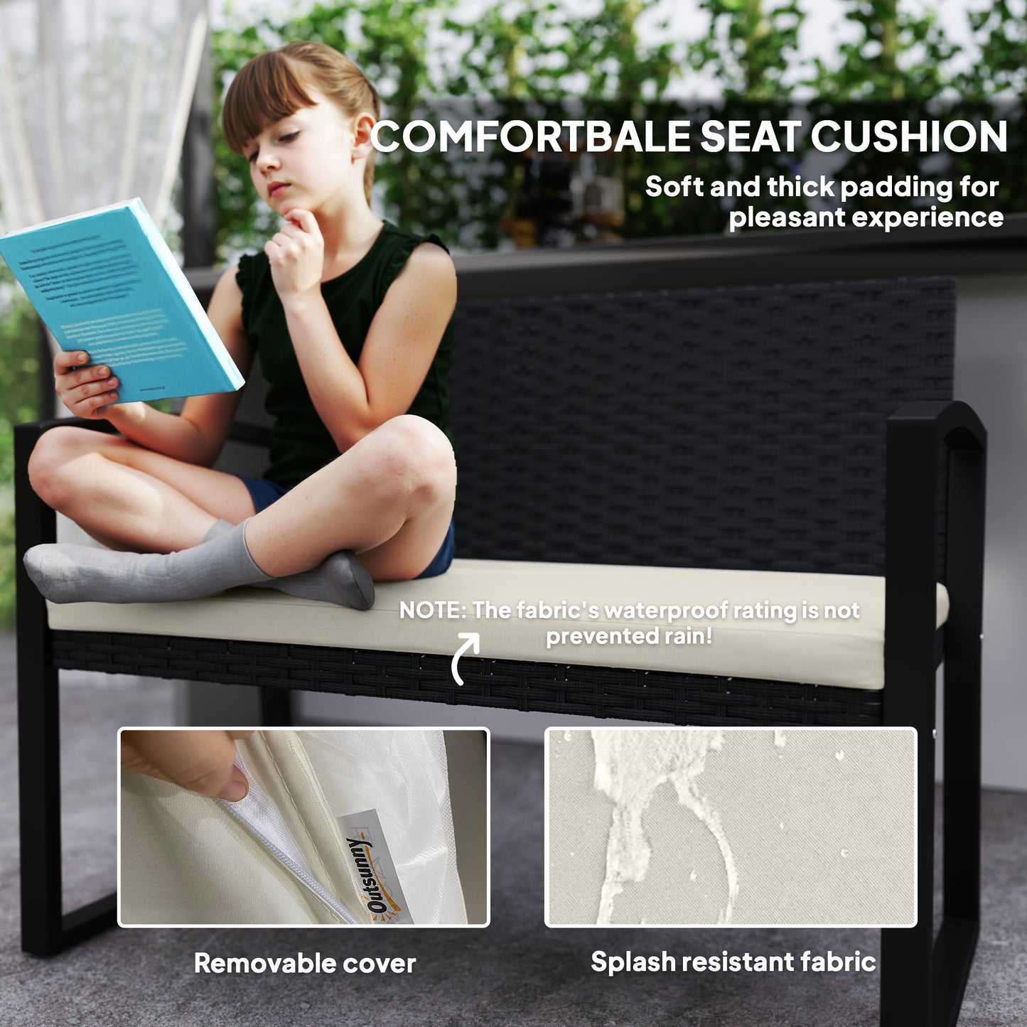 Lalepa Black Rattan Beige 2 Seater Outdoor Garden Bench