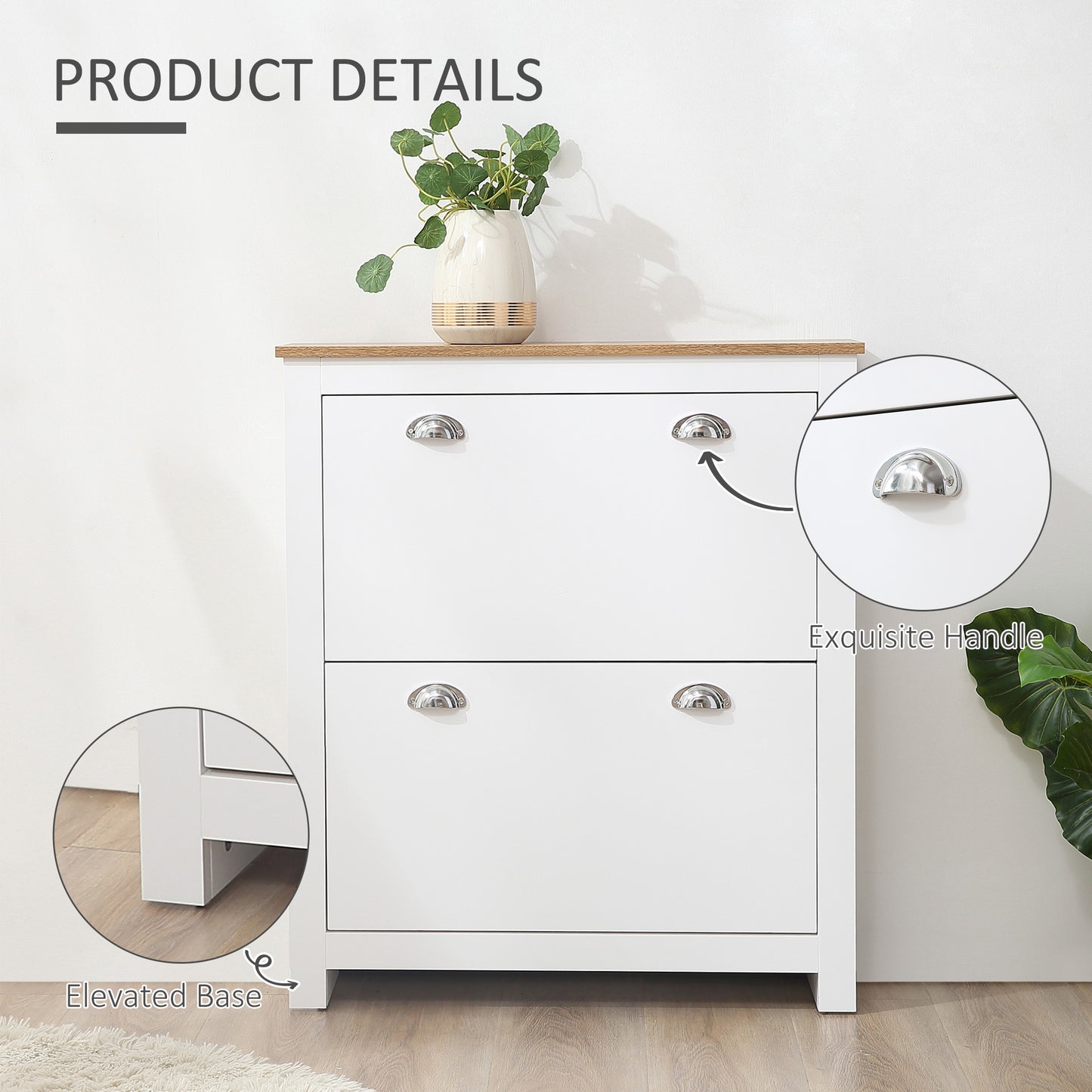 Neneka Wooden White and Natural Slim Shoe Cabinet With 2 Flip Drawers For 12 Pairs
