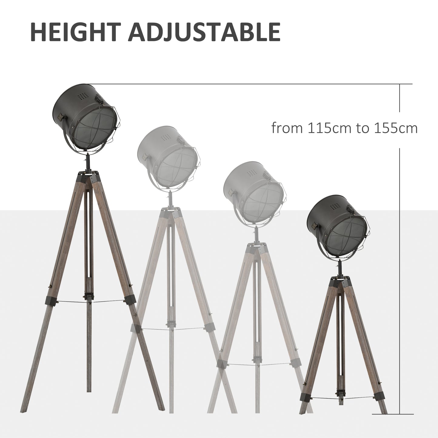 Lesado Zine Wood And Metal Grey Adjustable Tripod Floor Lamp With Spotlight Head