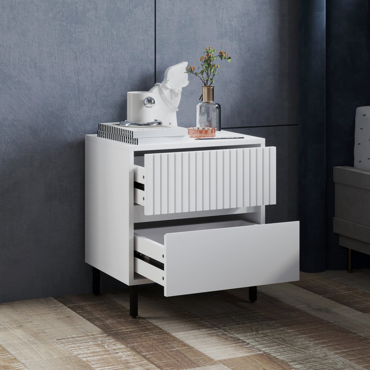 Vadiro Set Of 2 White Ribbed Pattern Bedside Tables  2 Drawers