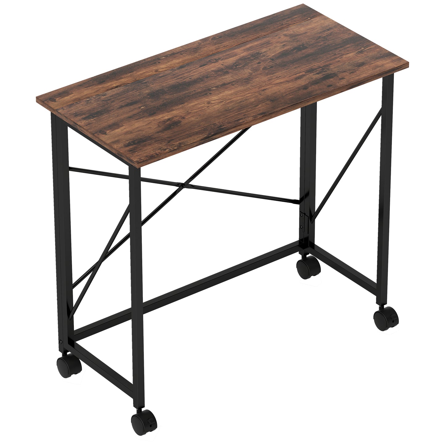 Maco 80cm Wooden Rustic Brown Folding Desk On Lockable Wheels