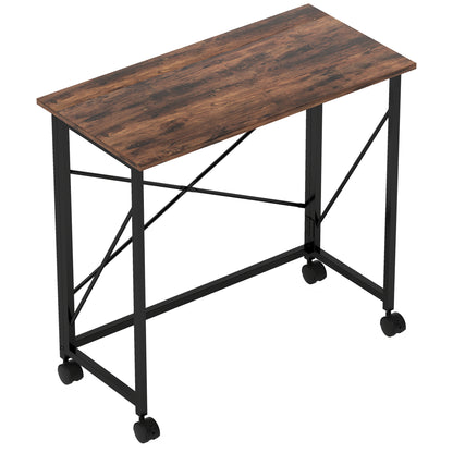 Maco 80cm Wooden Rustic Brown Folding Desk On Lockable Wheels