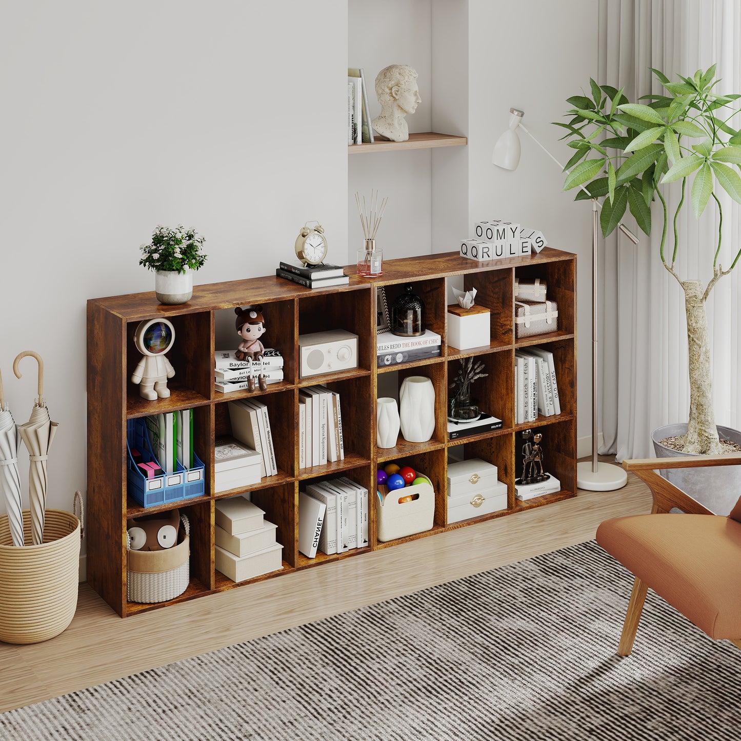 Mamomo Faha Wood Rustic Brown 3 Tier 9 Cube Storage Bookcase