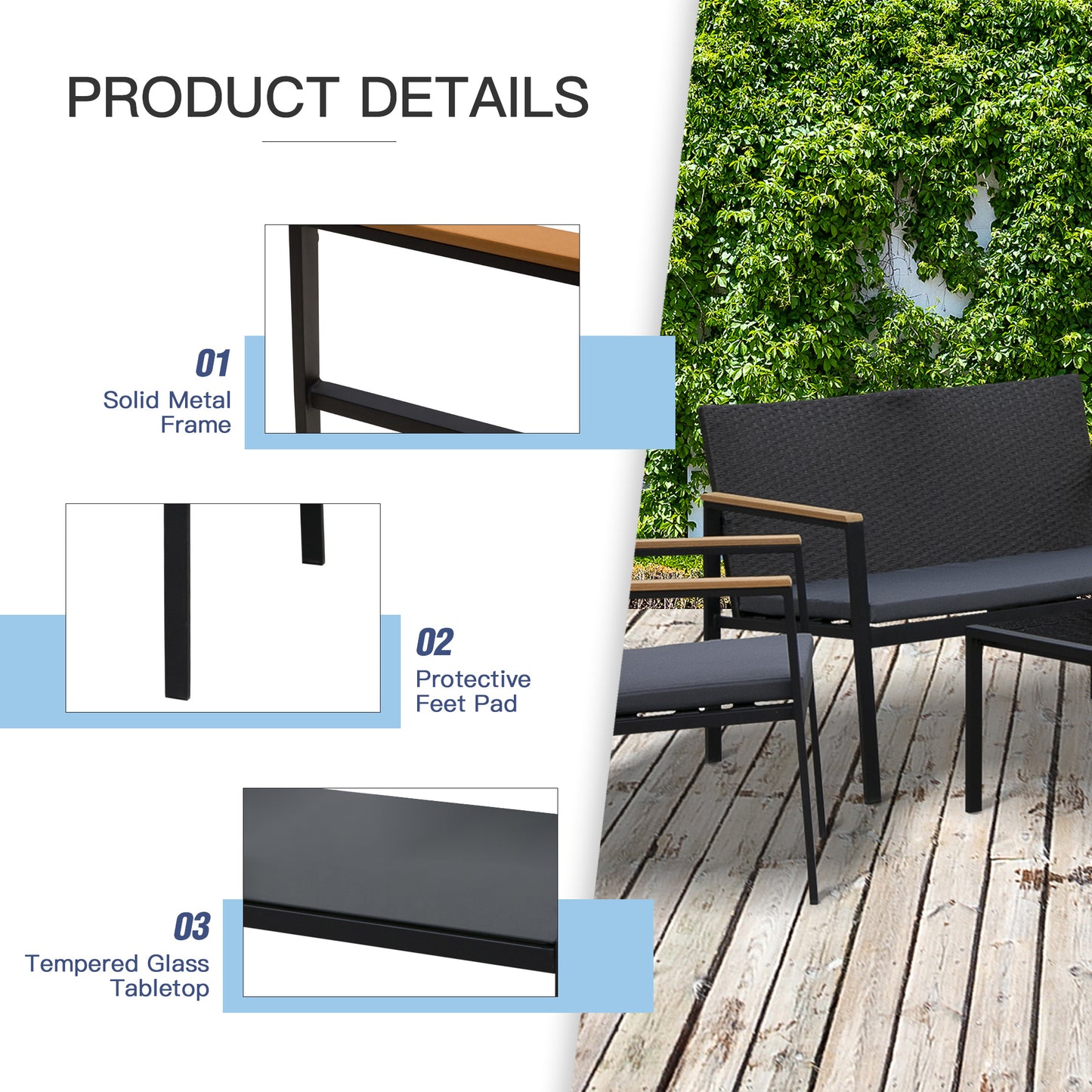 Rasedo Rattan Black 4 Seater Outdoor Sofa Set With Loveseat Armchairs Glass and Coffee Table
