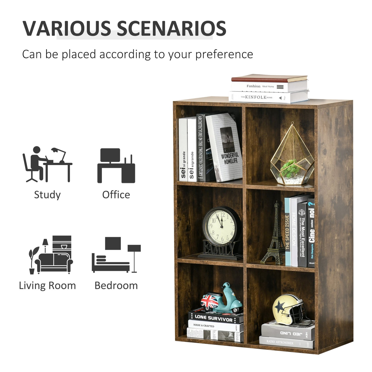 Ridiyo Wood Rustic Brown 6 Cube Storage Bookcase