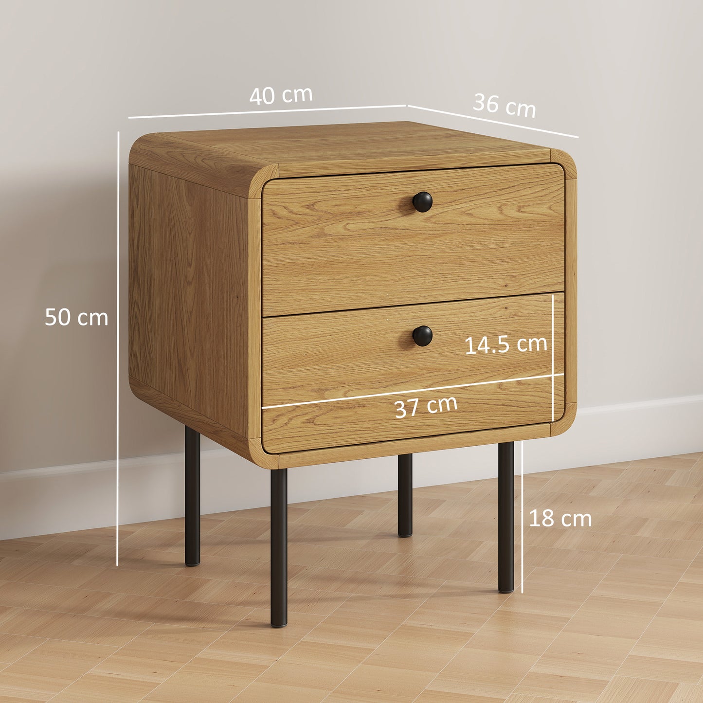 Fafile Lesu Oak Finish Wooden Bedside Table With 2 Drawers And Black Steel Legs