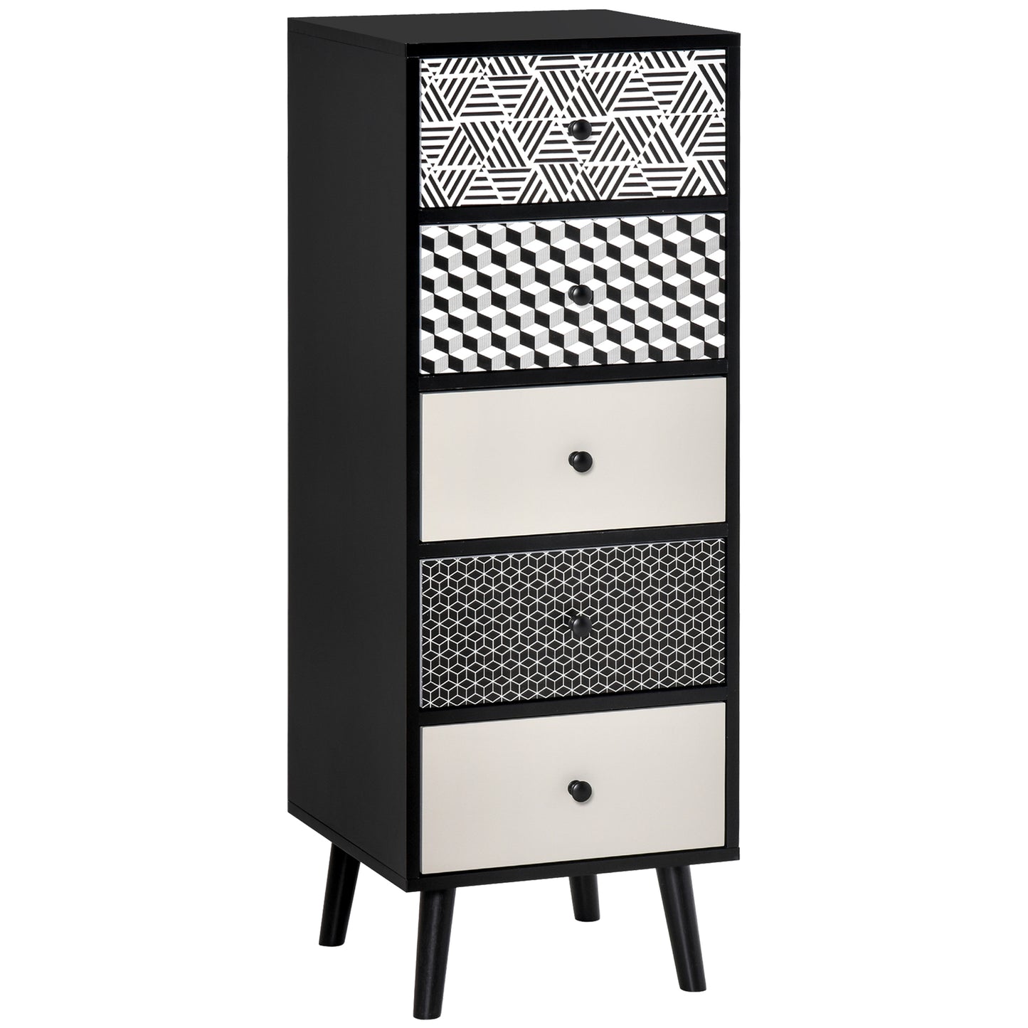 Rerora Scandi Monochrome Black and White Wooden Vertical 5 Drawer Storage Chest