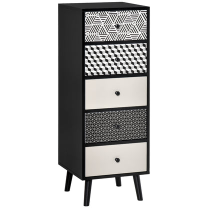 Rerora Scandi Monochrome Black and White Wooden Vertical 5 Drawer Storage Chest