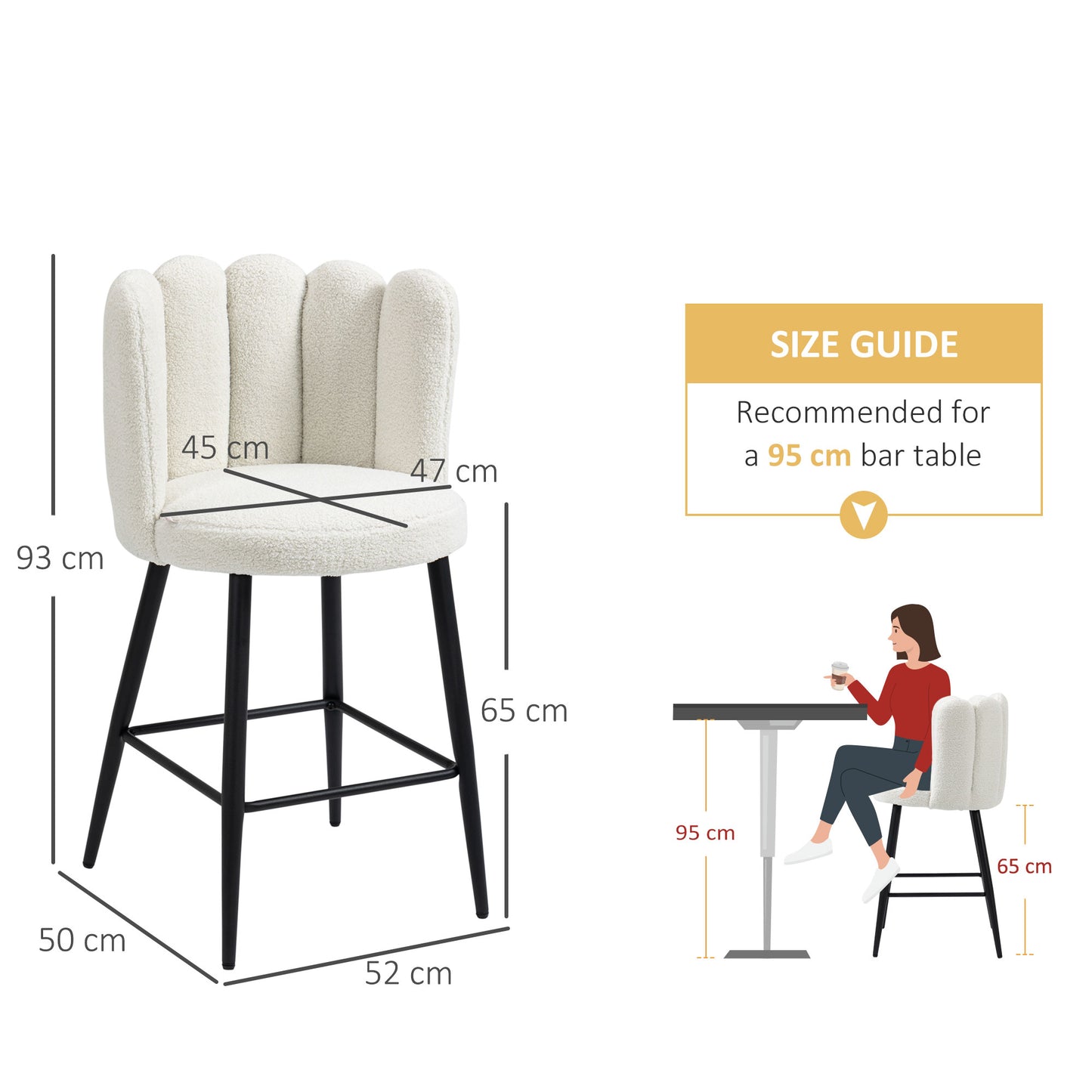 Ettine Scallop Boucle Cream Upholstered Bar Stools Set Of 2 With Steel Base And Footrest