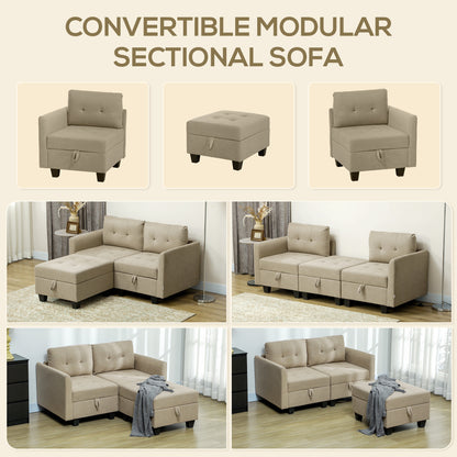 Yokata Light Brown Upholstered Modular L Shaped Sofa With Integrated Storage