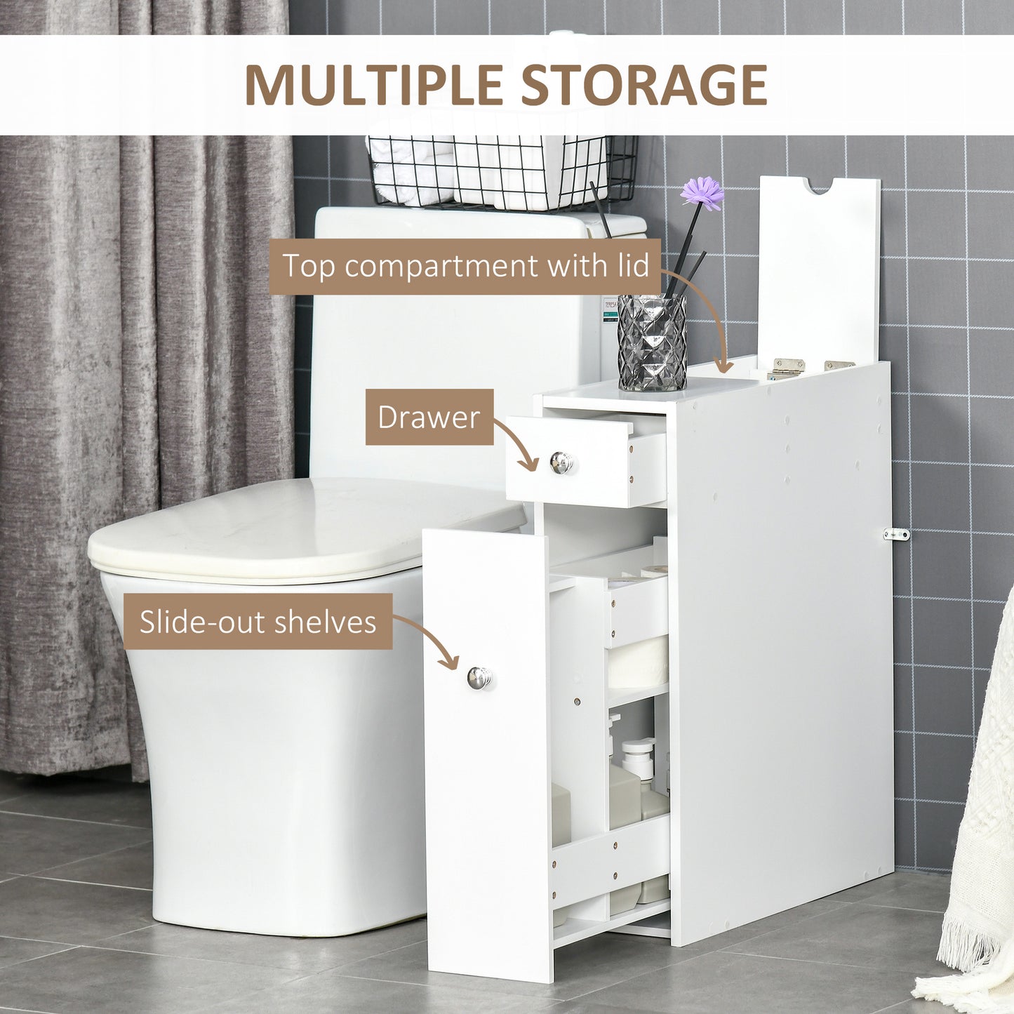 Ninemi Narrow Bathroom Floor Storage Cabinet With Drawers In White