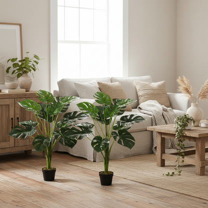 Roelpa Set Of 2 Artificial Monstera Leaf Style Plants In Pots 85cm Green