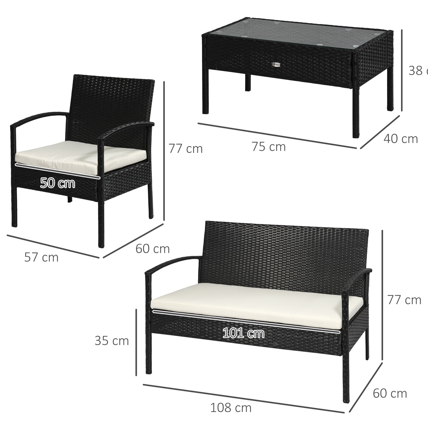 Vayono Rattan Black 4 Piece Garden Sofa Set With Loveseat 2 Armchairs and Glass Coffee Table