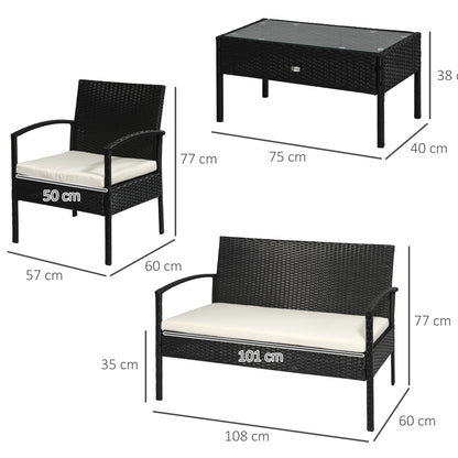 Vayono Rattan Black 4 Piece Garden Sofa Set With Loveseat 2 Armchairs and Glass Coffee Table