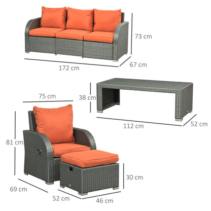 Lerami Rattan Orange 7 Seater Outdoor Garden Furniture Set Sofa Reclining Armchairs and Footstool