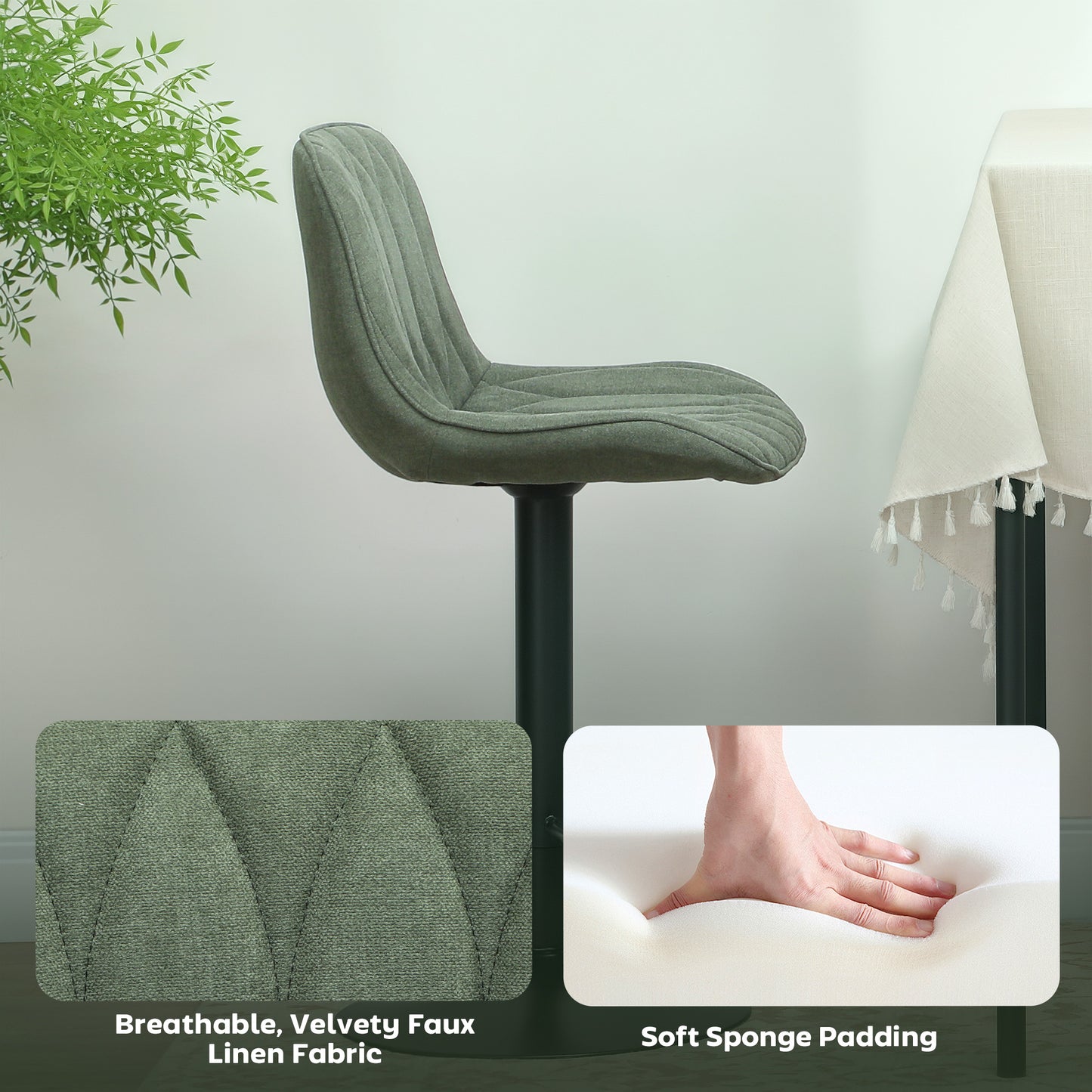 Kali Fabric Green Adjustable Linen Look Bar Stools Set Of 2