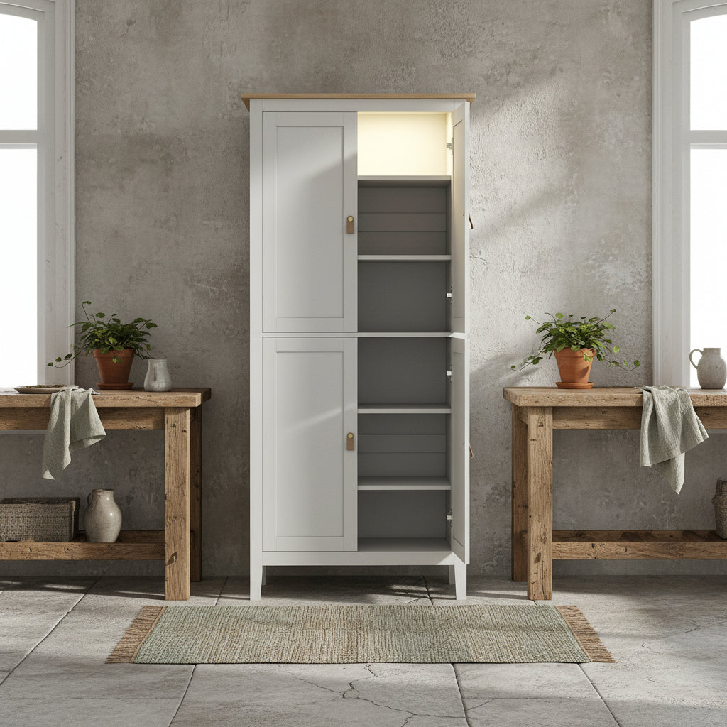 Kaha Wooden White Tall Pantry Cabinet With Motion Sensor LED Lighting 176.5 cm