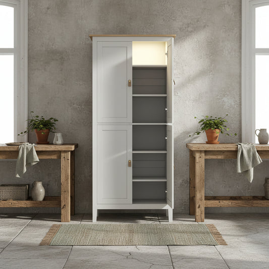 Kaha Wooden White Tall Pantry Cabinet With Motion Sensor LED Lighting 176.5 cm