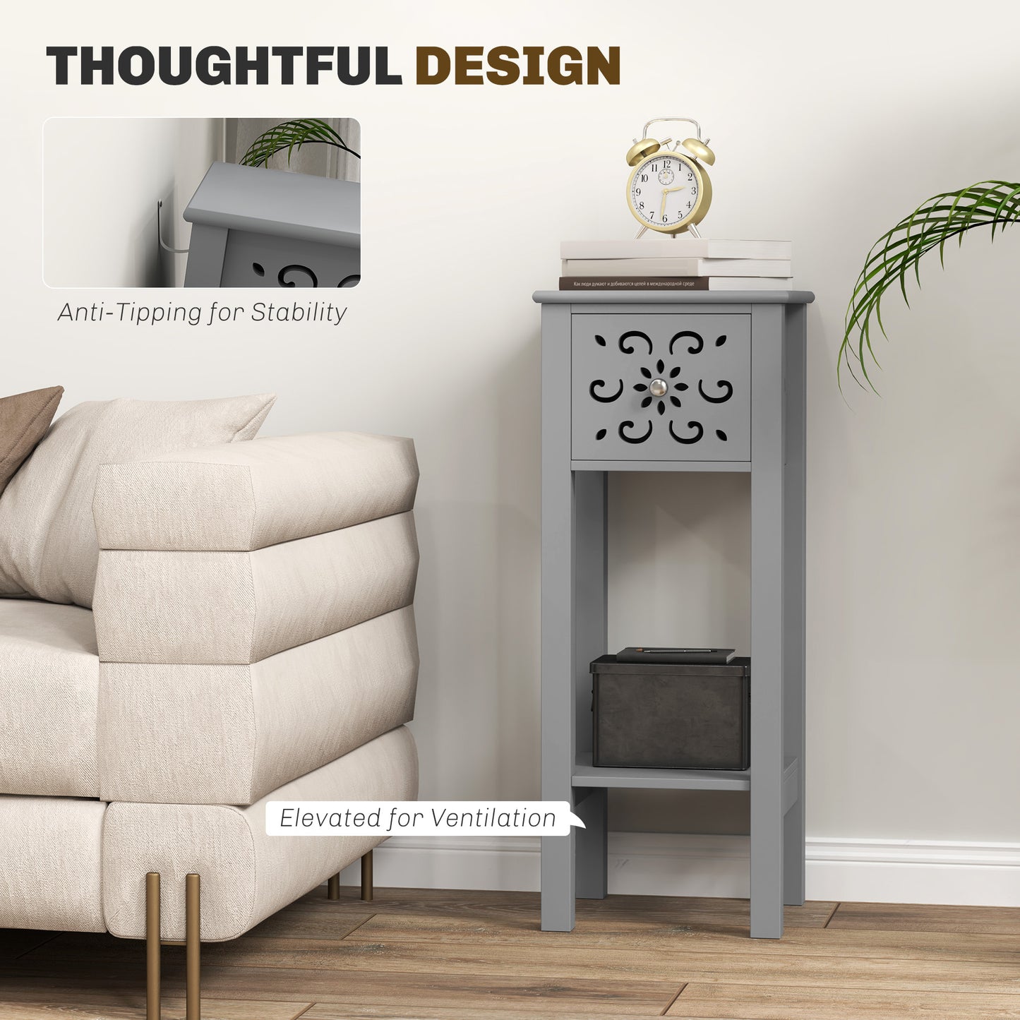 Elne Set Of 2 Grey Wooden Floral Cut Out Accent Side Tables