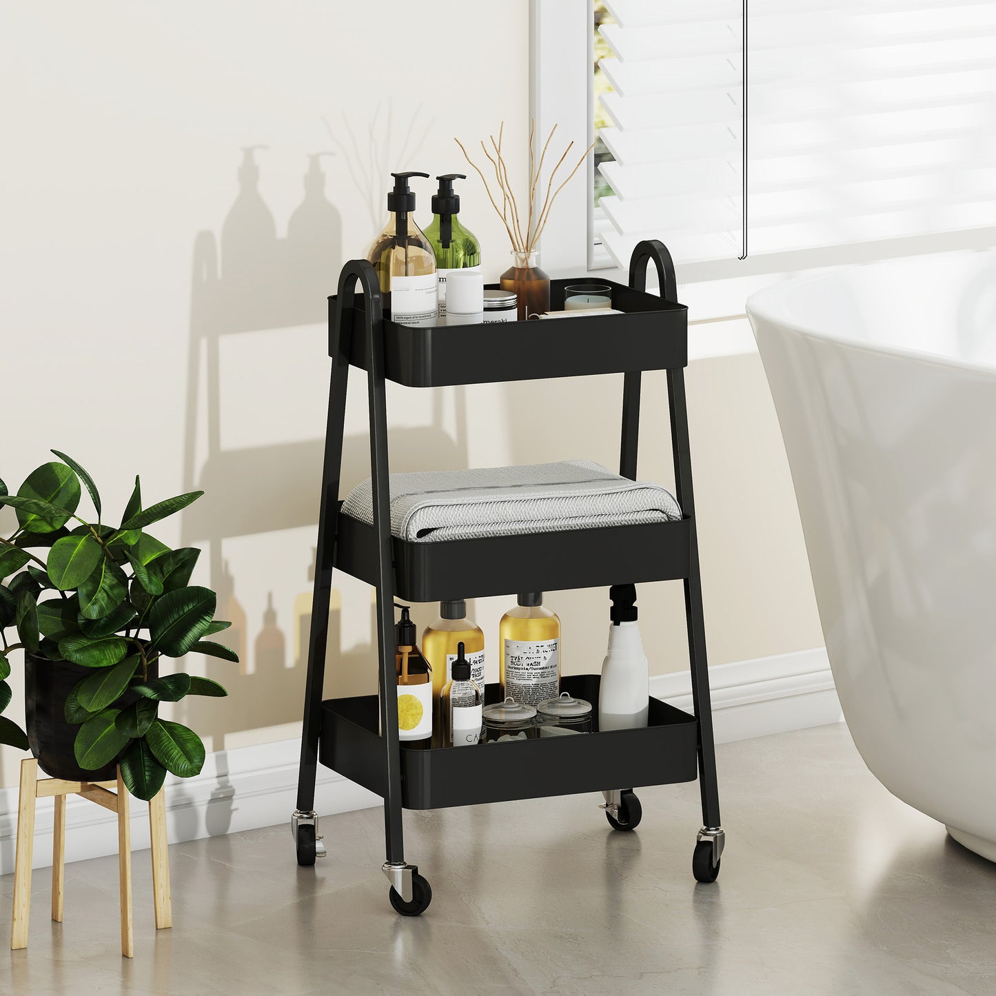 Fidovi Metal Black 3 Tier Storage Trolley With Wheels