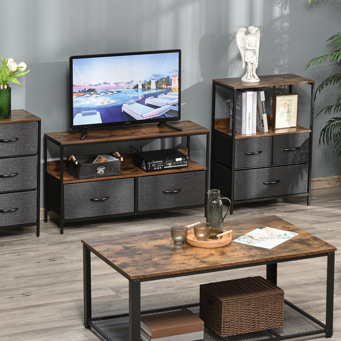Ranotte Wooden Black 3 Fabric Drawer Storage Chest With Shelf