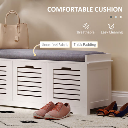 Vesava Wooden White 3 Drawer Slatted Shoe Storage Bench with Grey Padded Seat