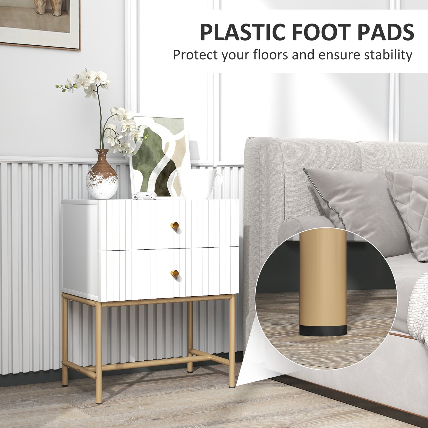 Lelu Rata White and Gold Elegant 2 Drawer Ribbed Bedside Table