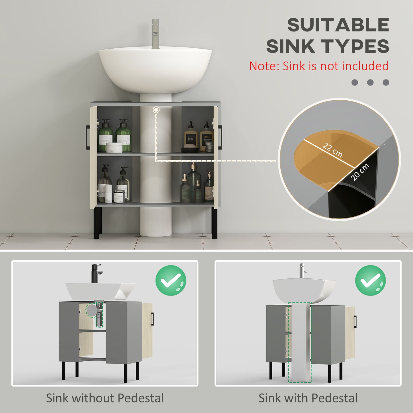 Nabavi Natural Finish Under Sink Vanity Cabinet With Double Doors And Internal Shelving