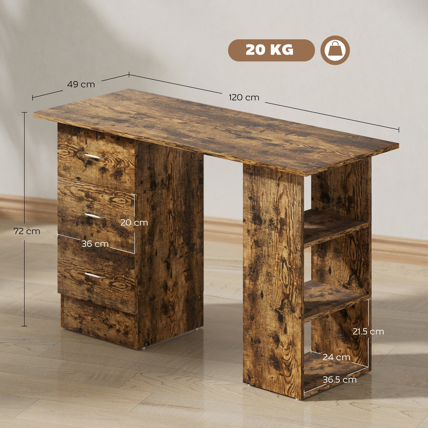 Lomoto 120cm Rustic Brown Home Office Desk With 3 Shelves And 3 Drawers