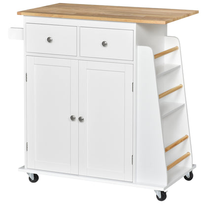 Rubberwood Top Kitchen Island On Wheels With Cabinets Drawers Spice Rack And Shelves