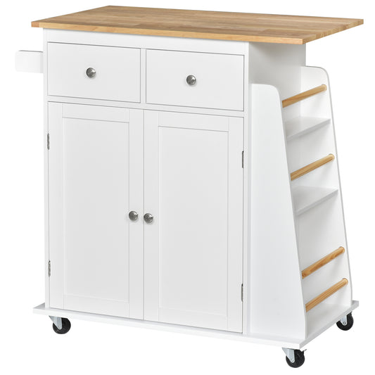 Rubberwood Top Kitchen Island On Wheels With Cabinets Drawers Spice Rack And Shelves