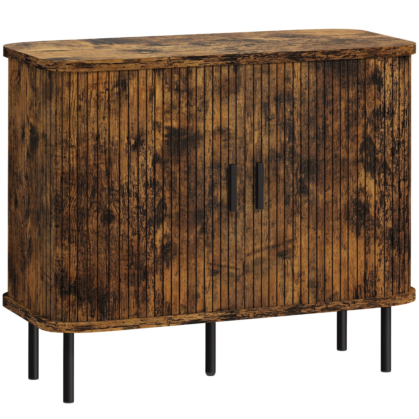 Lasa Rustic Brown Mid Century Sideboard With Slatted Sliding Doors And Steel Legs