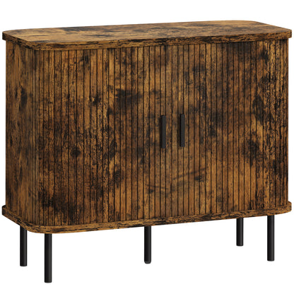Lasa Rustic Brown Mid Century Sideboard With Slatted Sliding Doors And Steel Legs