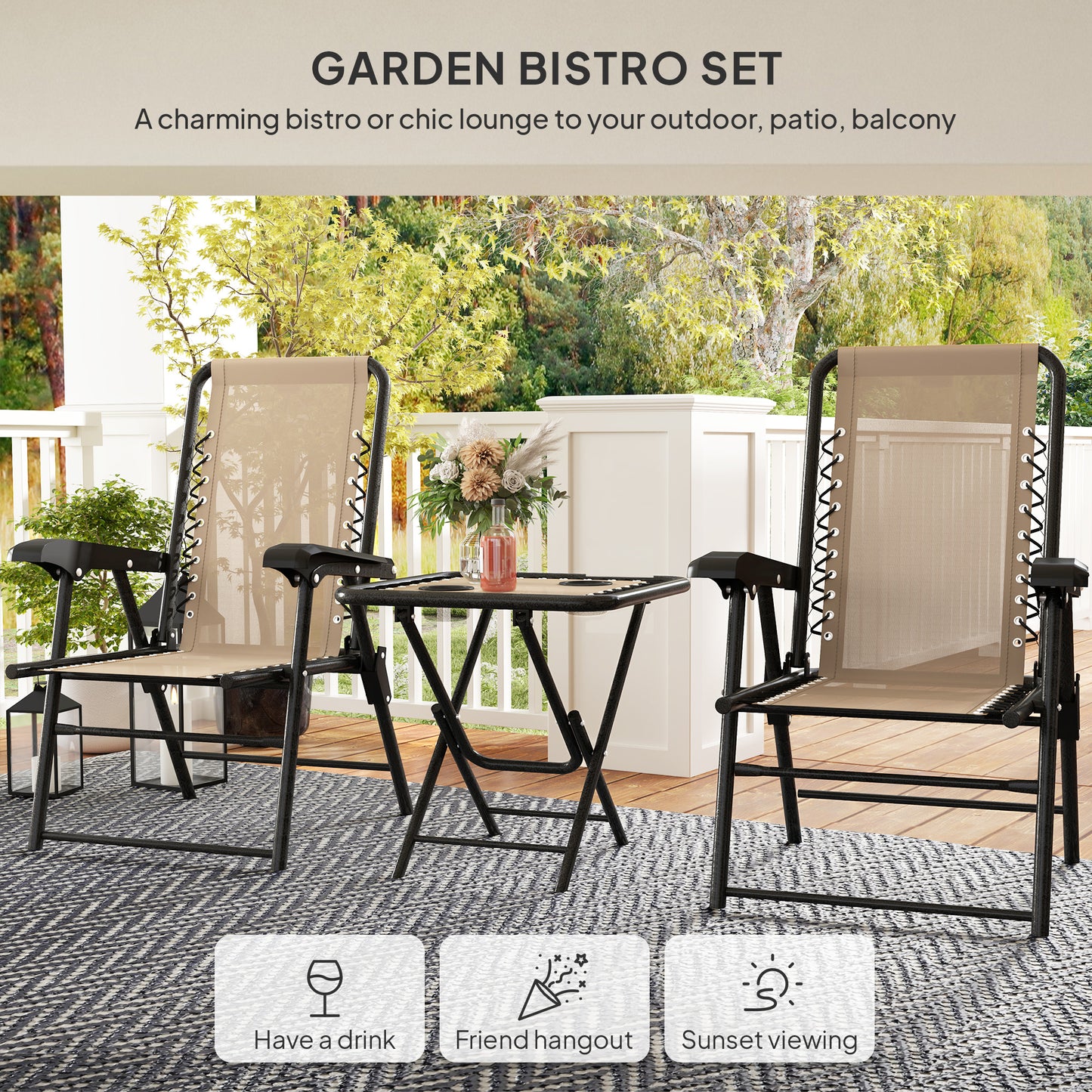 Fihake Metal Khaki Cream 3 Piece Garden Bistro Table And Chair Set