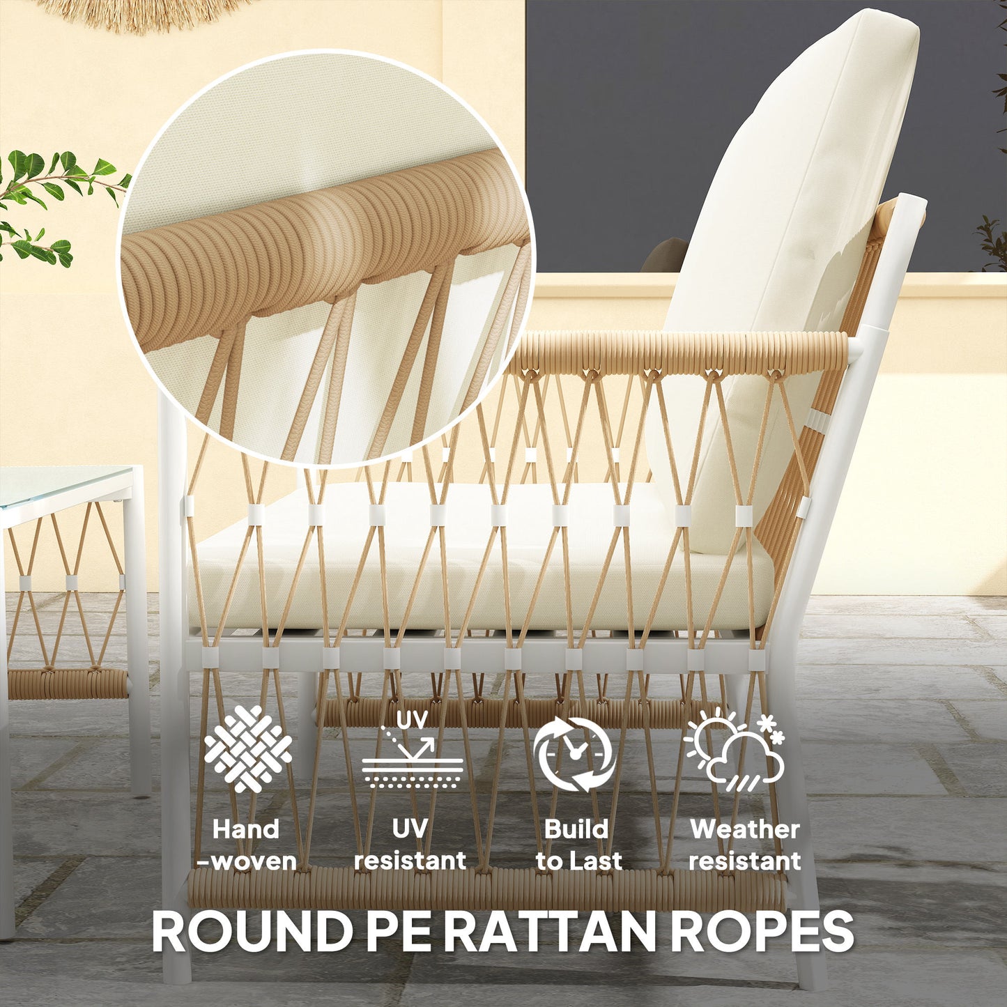Comori Rattan Cream 4 Seater Outdoor Sofa Conversation Set With Glass Coffee Table